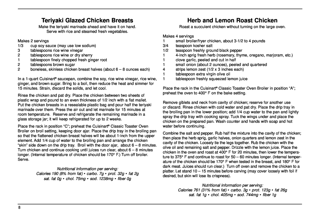 Cuisinart TOB-30 manual Teriyaki Glazed Chicken Breasts, Herb and Lemon Roast Chicken, Nutritional information per serving 