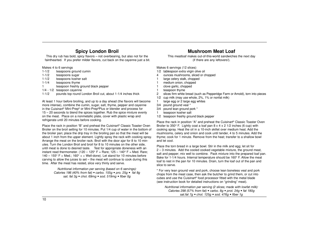 Cuisinart TOB-30BWFR manual Spicy London Broil, Mushroom Meat Loaf 