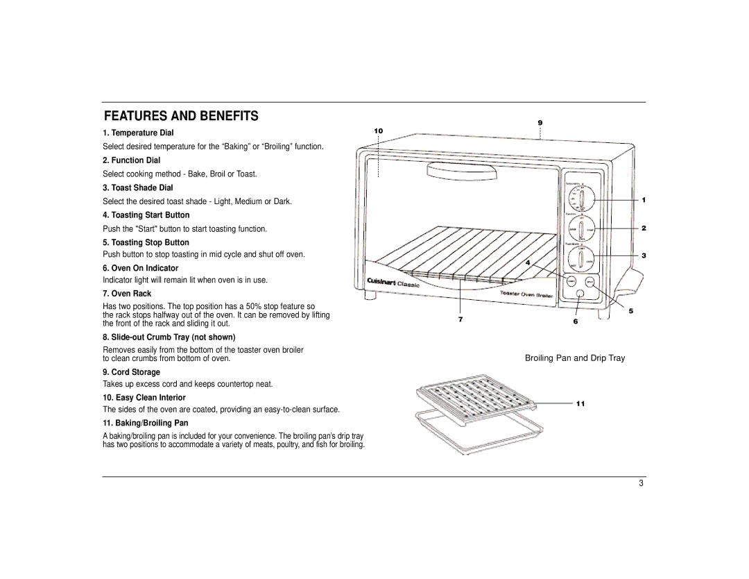 Cuisinart TOB-30BWFR manual Features and Benefits, Broiling Pan and Drip Tray 