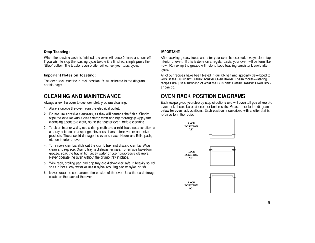 Cuisinart TOB-30BWFR manual Cleaning and Maintenance, Oven Rack Position Diagrams 