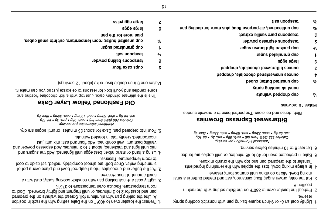 Cuisinart TOB-40 manual Cake Layer Yellow ashionedfOld, Brownies Espresso Bittersweet, Walnuts chopped cup 
