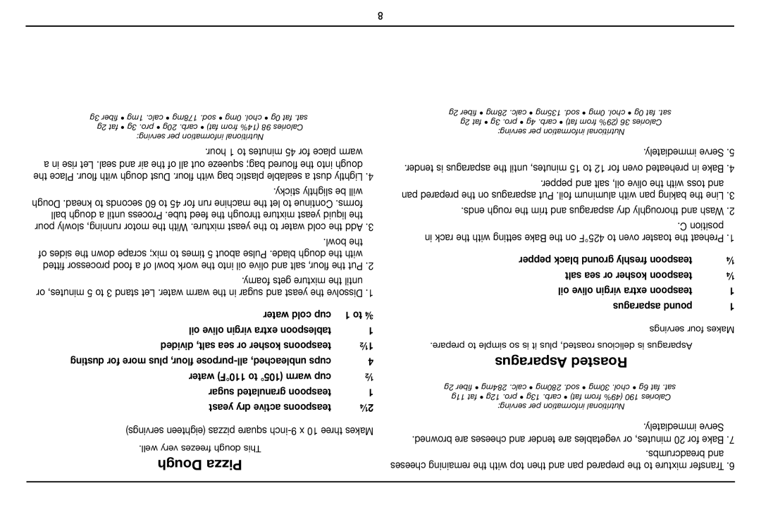 Cuisinart TOB-40 manual SparagusRoasted, OughdPizza, Oil olive virgin extra teaspoon, Yeast dry active teaspoons 