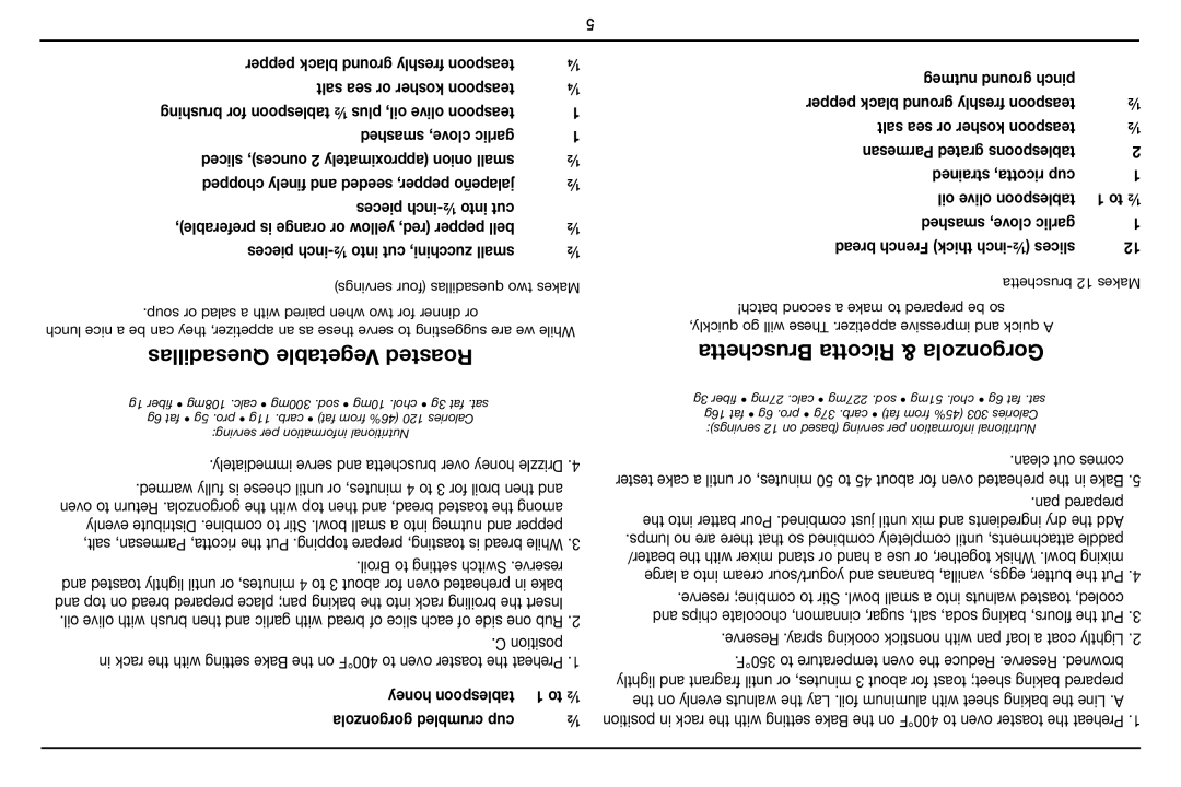 Cuisinart TOB-40 manual Quesadillas Vegetable Roasted, Bruschetta Ricotta & Gorgonzola 