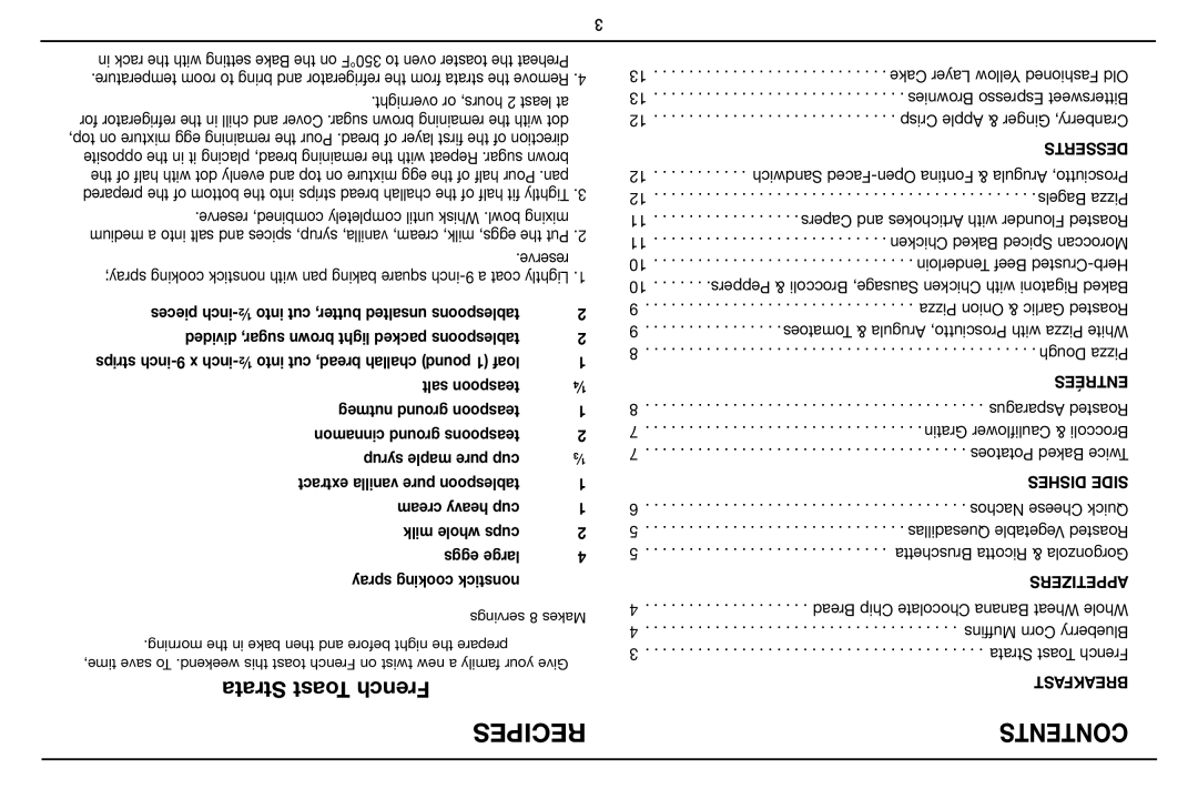 Cuisinart TOB-40 manual Recipes Contents, Strata Toast renchf, Milk whole cups Eggs large Spray cooking nonstick, Desserts 