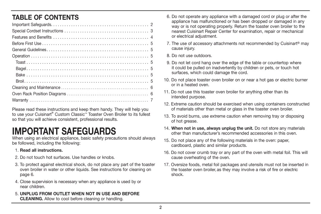 Cuisinart TOB-40 manual Important Safeguards 