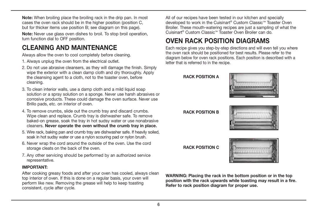 Cuisinart TOB-40 manual Cleaning and Maintenance, Oven rack position diagrams 