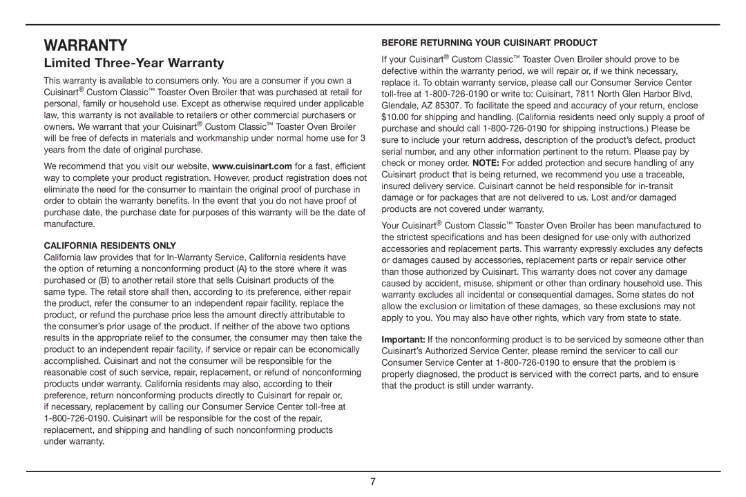 Cuisinart TOB-40 manual Limited Three-Year Warranty 