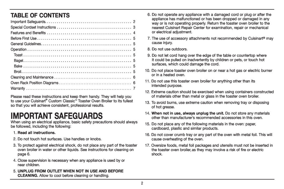 Cuisinart TOB-40 manual Important Safeguards, Table Of Contents 