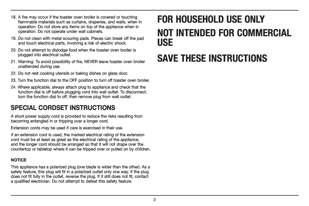 Cuisinart TOB-40 manual Special Cordset Instructions, For Household Use Only, Not Intended For Commercial Use 