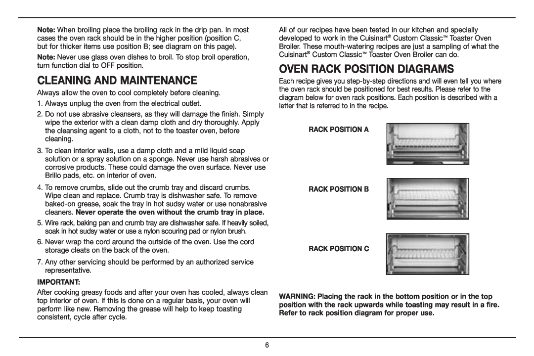 Cuisinart TOB-40 Cleaning And Maintenance, Oven rack position diagrams, Rack Position A Rack Position B Rack Position C 