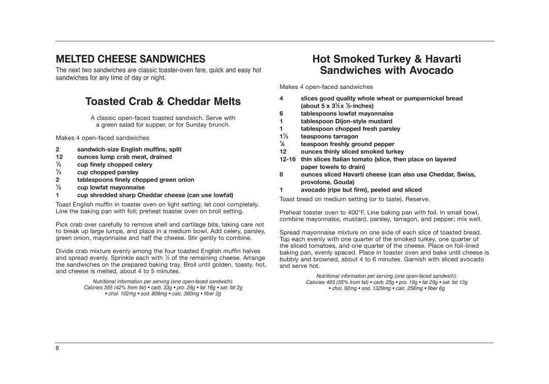 Cuisinart TOB-50 manual Melted Cheese Sandwiches, Toasted Crab & Cheddar Melts 