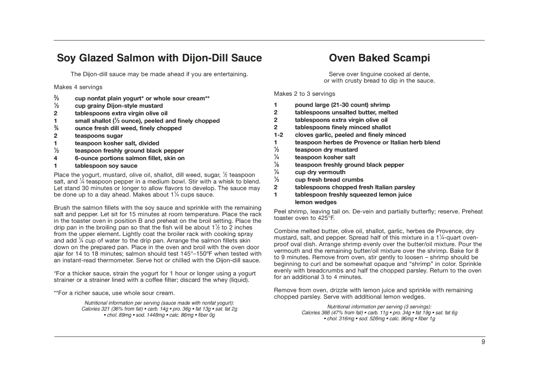 Cuisinart TOB-50 manual Soy Glazed Salmon with Dijon-Dill Sauce, Oven Baked Scampi 