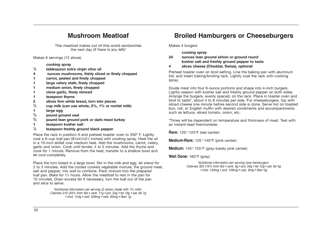 Cuisinart TOB-50 manual Mushroom Meatloaf, Broiled Hamburgers or Cheeseburgers 