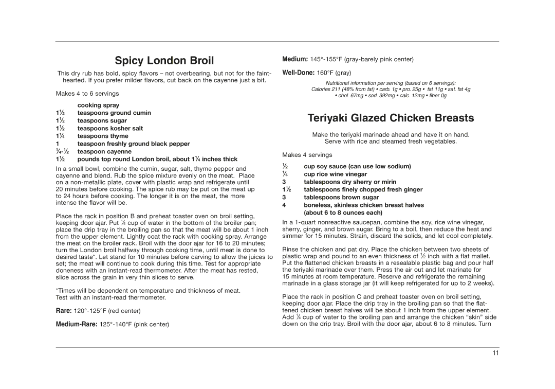 Cuisinart TOB-50 manual Spicy London Broil, Teriyaki Glazed Chicken Breasts 