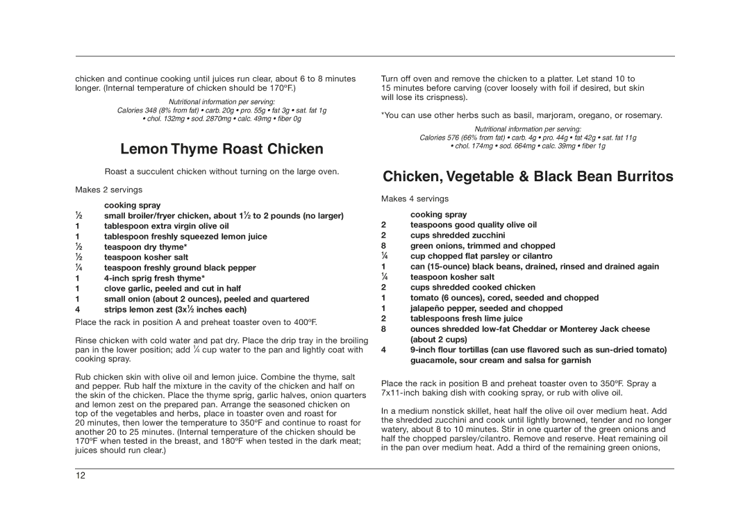 Cuisinart TOB-50 manual Lemon Thyme Roast Chicken, Chicken, Vegetable & Black Bean Burritos 