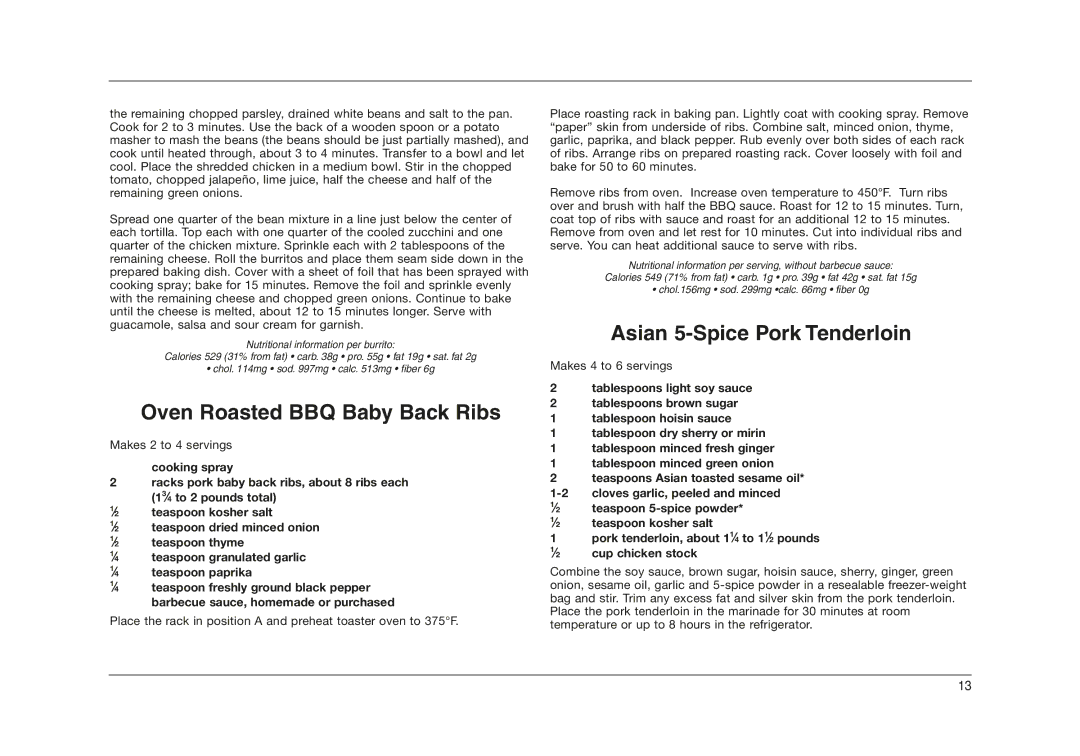 Cuisinart TOB-50 manual Oven Roasted BBQ Baby Back Ribs, Asian 5-Spice Pork Tenderloin 