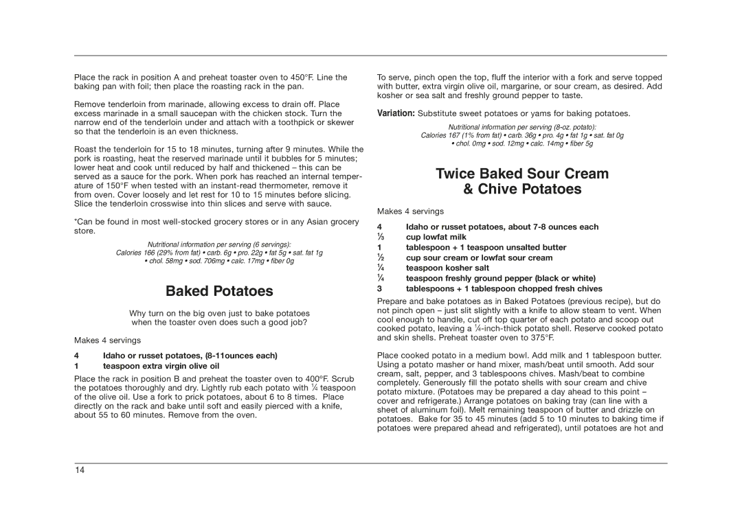 Cuisinart TOB-50 manual Baked Potatoes, Twice Baked Sour Cream Chive Potatoes 