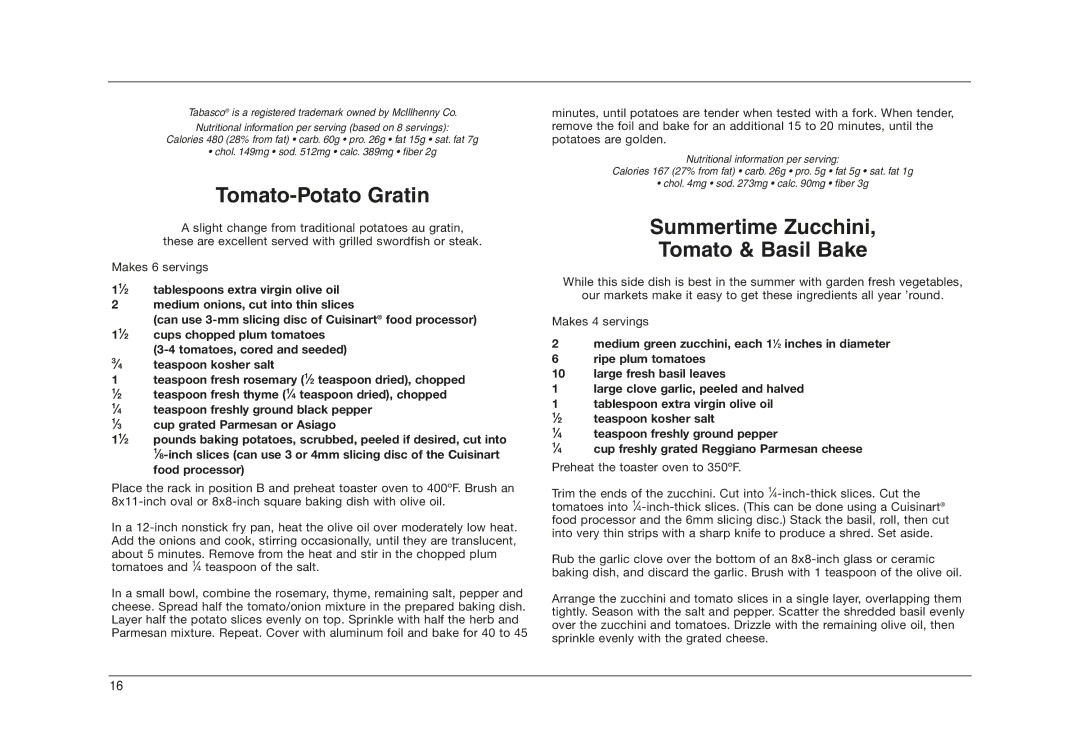 Cuisinart TOB-50 manual Tomato-Potato Gratin, Summertime Zucchini Tomato & Basil Bake 