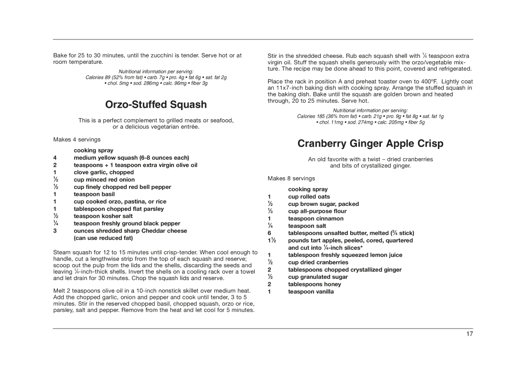 Cuisinart TOB-50 manual Orzo-Stuffed Squash, Cranberry Ginger Apple Crisp 