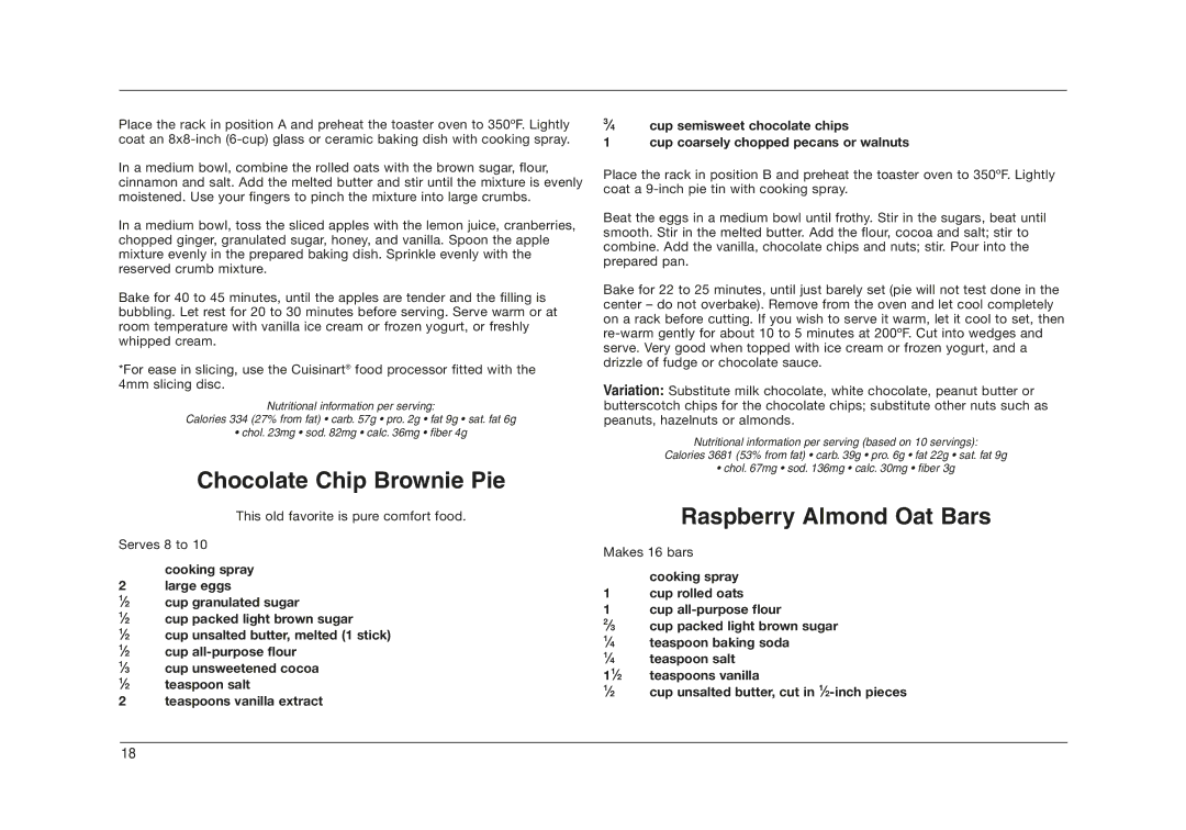 Cuisinart TOB-50 manual Chocolate Chip Brownie Pie, Raspberry Almond Oat Bars 