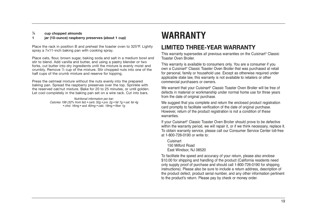 Cuisinart TOB-50 manual Limited THREE-YEAR Warranty 