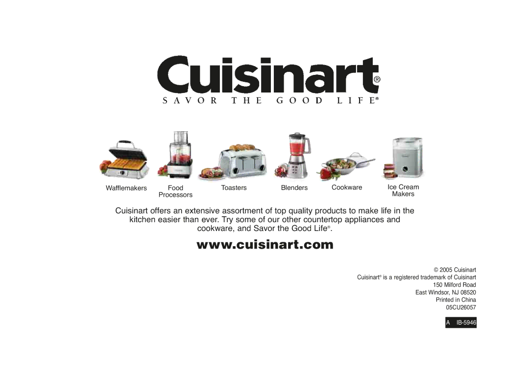Cuisinart TOB-50 manual Wafflemakers Food Toasters Blenders Cookware Ice Cream 