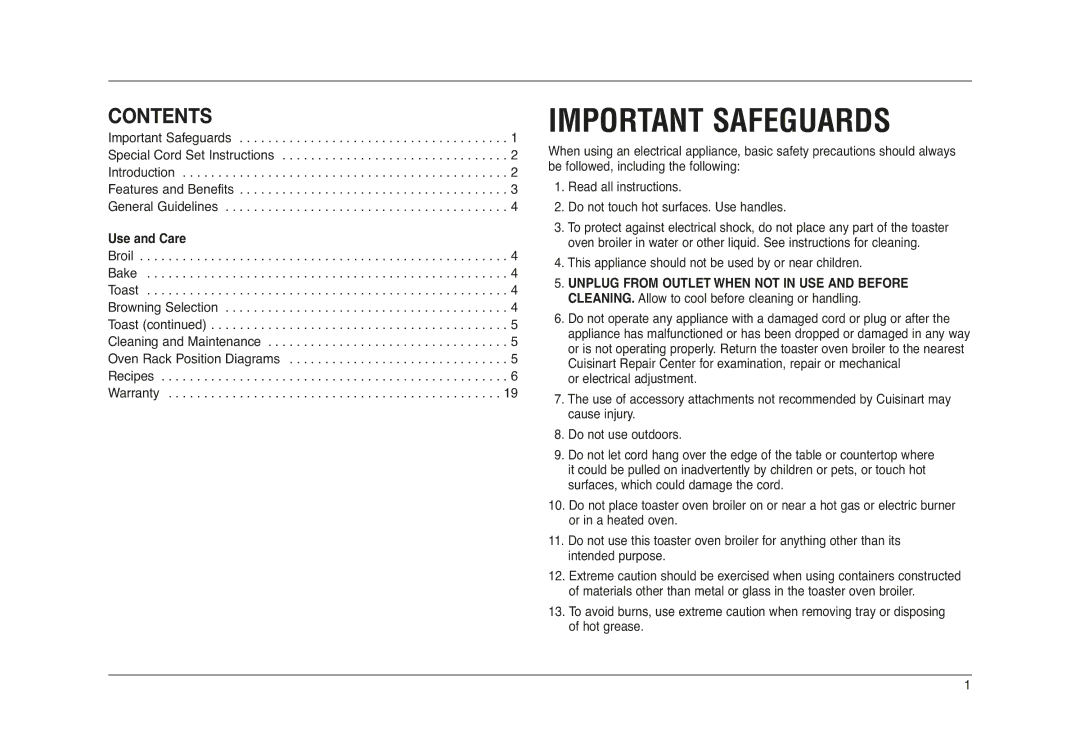 Cuisinart TOB-50 manual Important Safeguards, Contents 