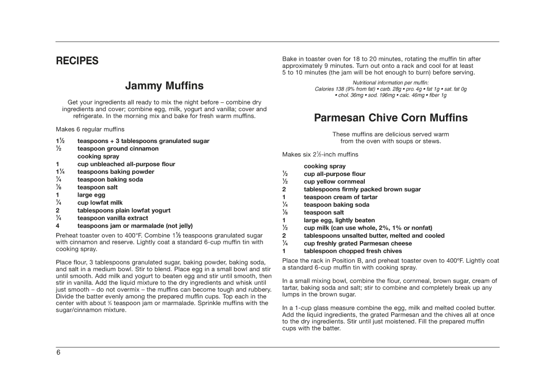 Cuisinart TOB-50 manual Recipes, Jammy Muffins, Parmesan Chive Corn Muffins 