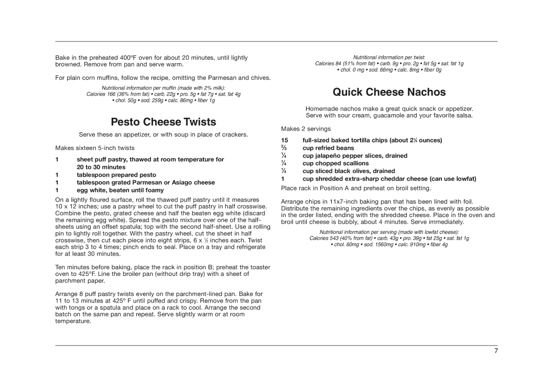 Cuisinart TOB-50 manual Pesto Cheese Twists, Quick Cheese Nachos 