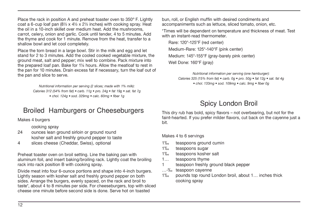 Cuisinart TOB-50BC manual Broiled Hamburgers or Cheeseburgers, Spicy London Broil 