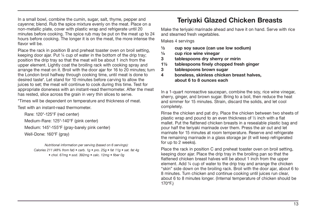 Cuisinart TOB-50BC manual Teriyaki Glazed Chicken Breasts 