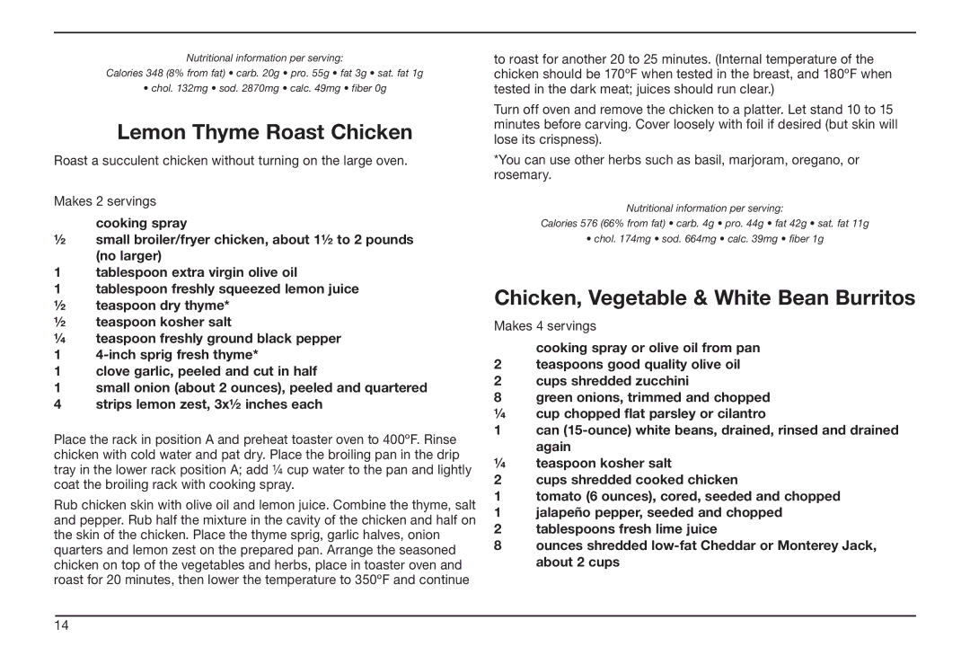 Cuisinart TOB-50BC manual Lemon Thyme Roast Chicken, Chicken, Vegetable & White Bean Burritos 