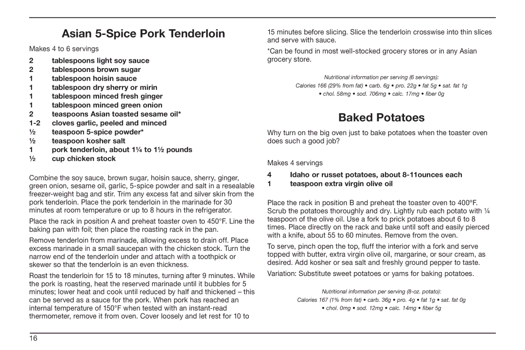 Cuisinart TOB-50BC manual Asian 5-Spice Pork Tenderloin, Baked Potatoes 