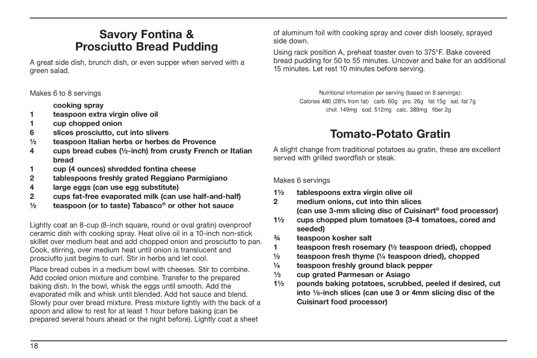 Cuisinart TOB-50BC manual Savory Fontina Prosciutto Bread Pudding, Tomato-Potato Gratin 