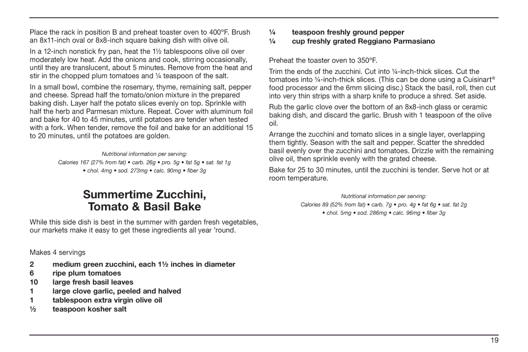 Cuisinart TOB-50BC manual Summertime Zucchini Tomato & Basil Bake, Preheat the toaster oven to 350ºF 