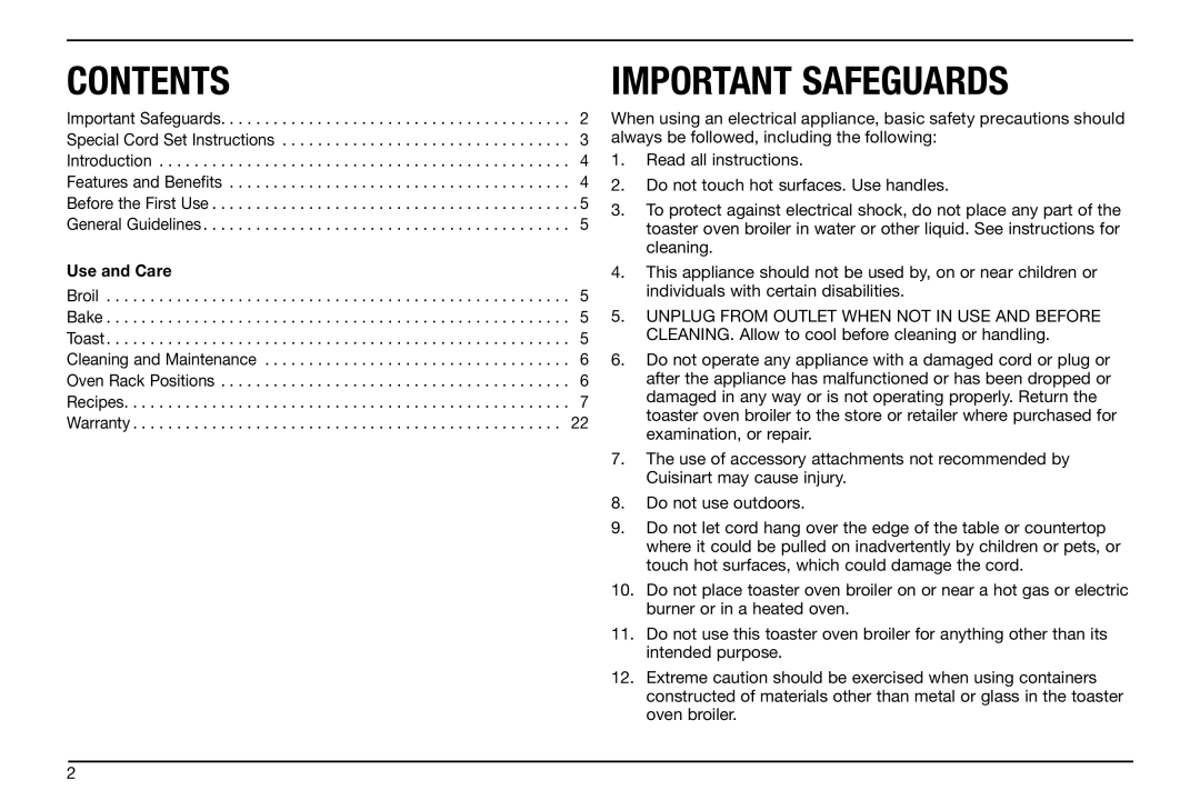 Cuisinart TOB-50BC manual Contents 