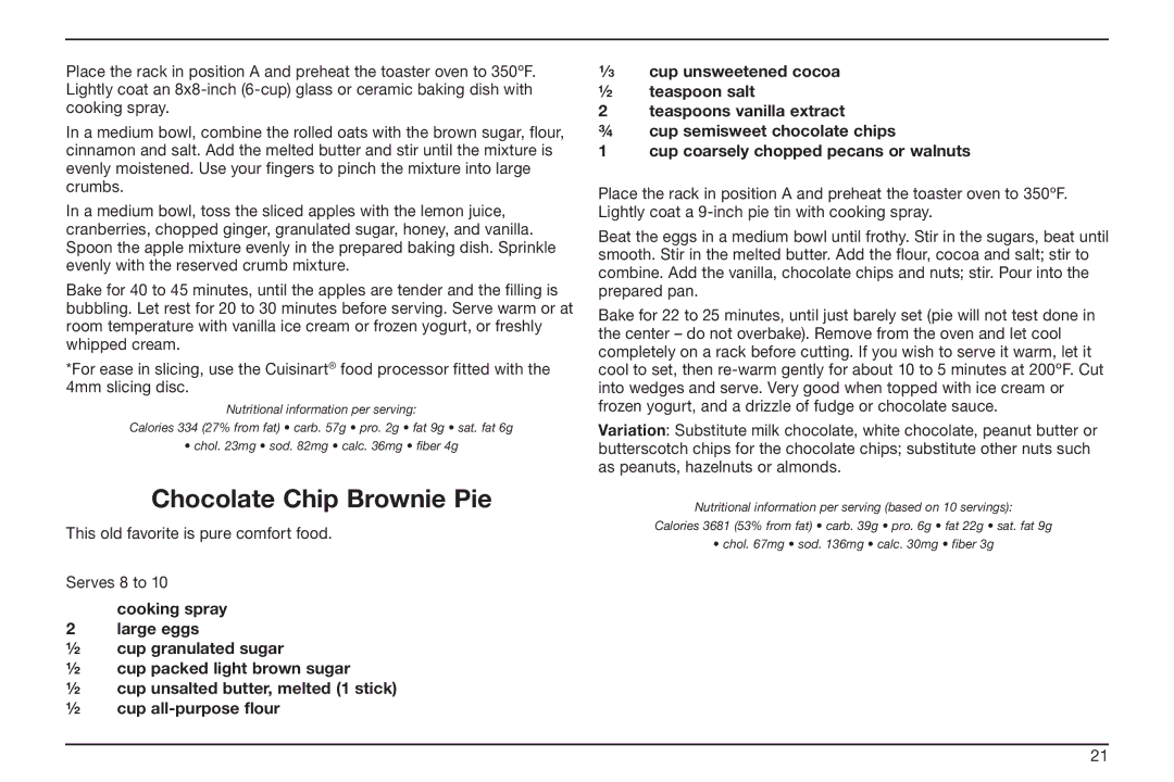 Cuisinart TOB-50BC manual Chocolate Chip Brownie Pie 