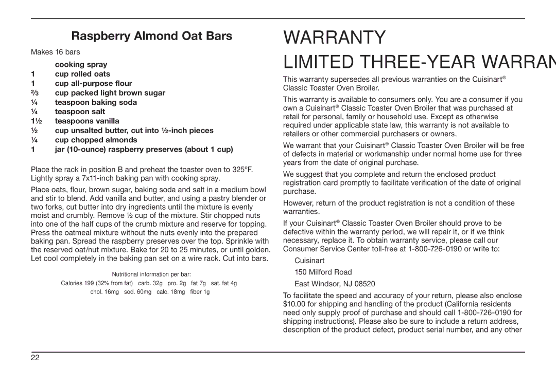 Cuisinart TOB-50BC manual Warranty, Raspberry Almond Oat Bars 