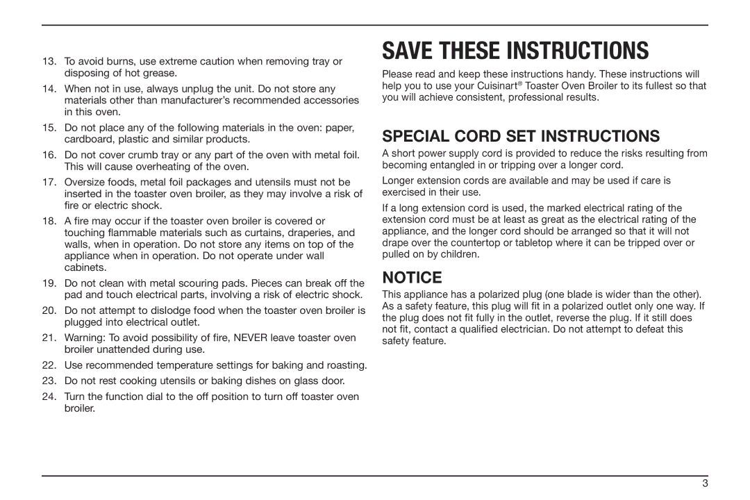 Cuisinart TOB-50BC manual Special Cord SET Instructions 