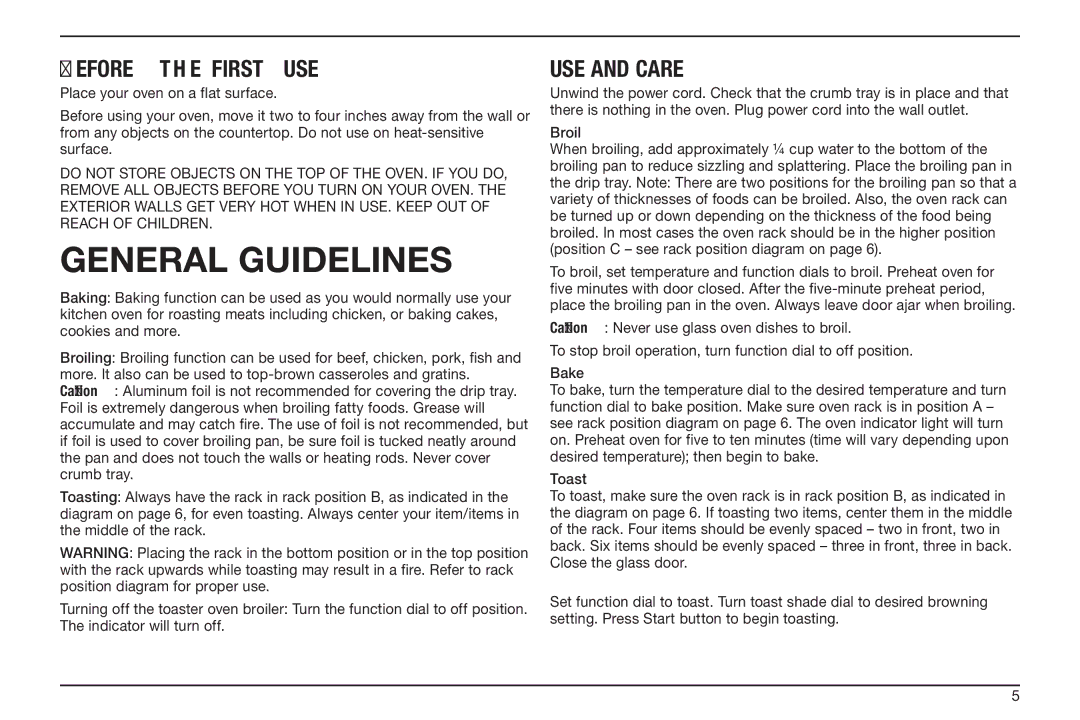 Cuisinart TOB-50BC manual General Guidelines, Before the first use 