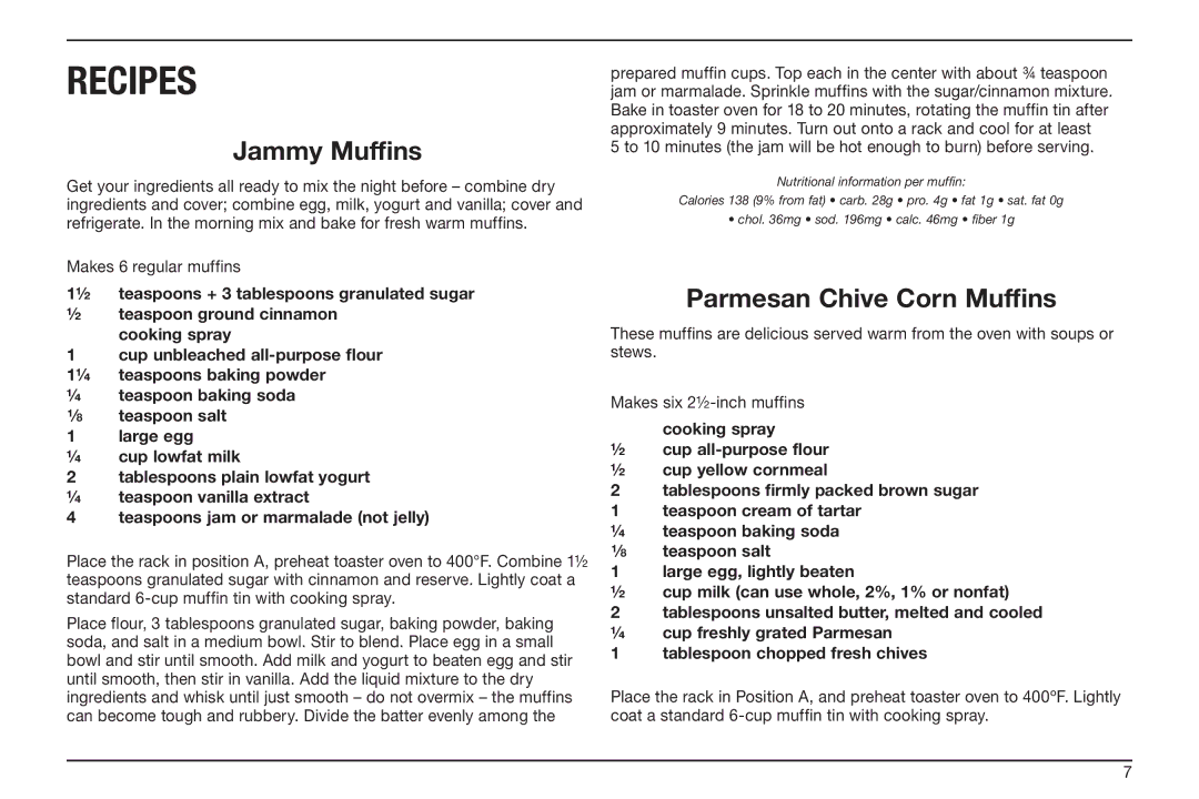 Cuisinart TOB-50BC manual Jammy Muffins, Parmesan Chive Corn Muffins 