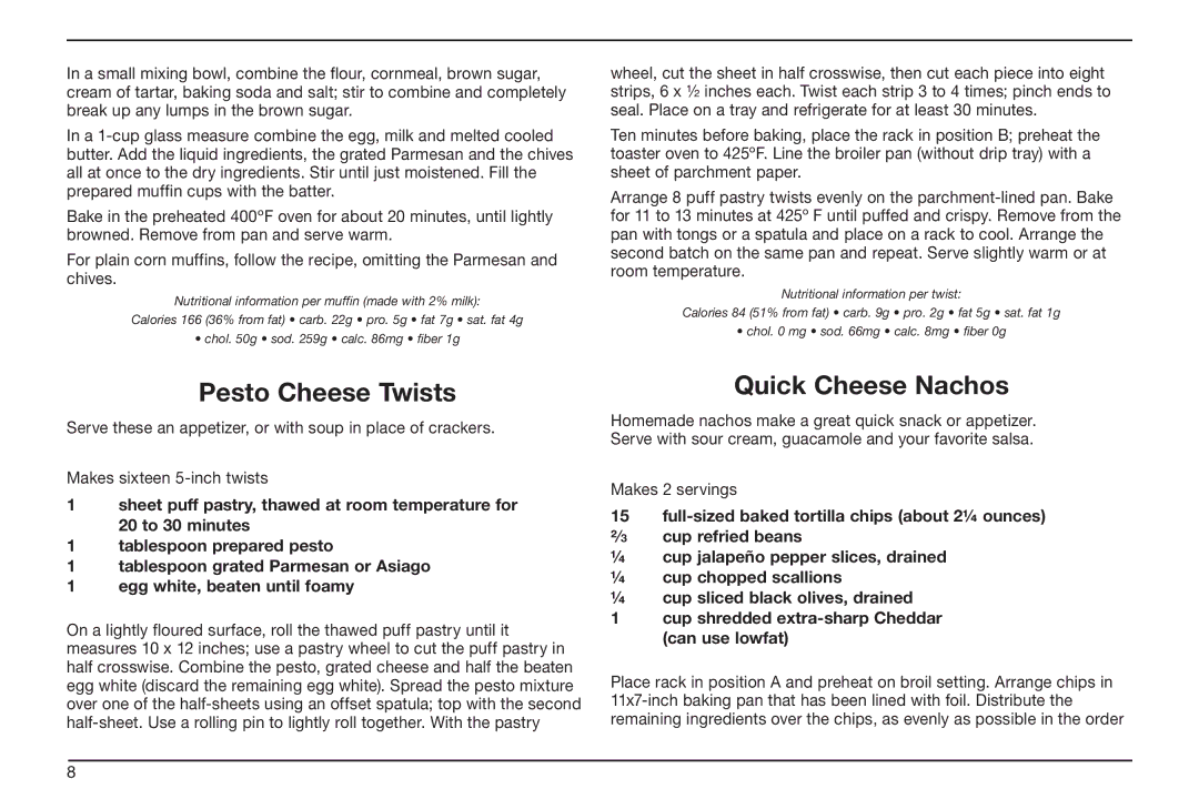 Cuisinart TOB-50BC manual Pesto Cheese Twists, Quick Cheese Nachos 