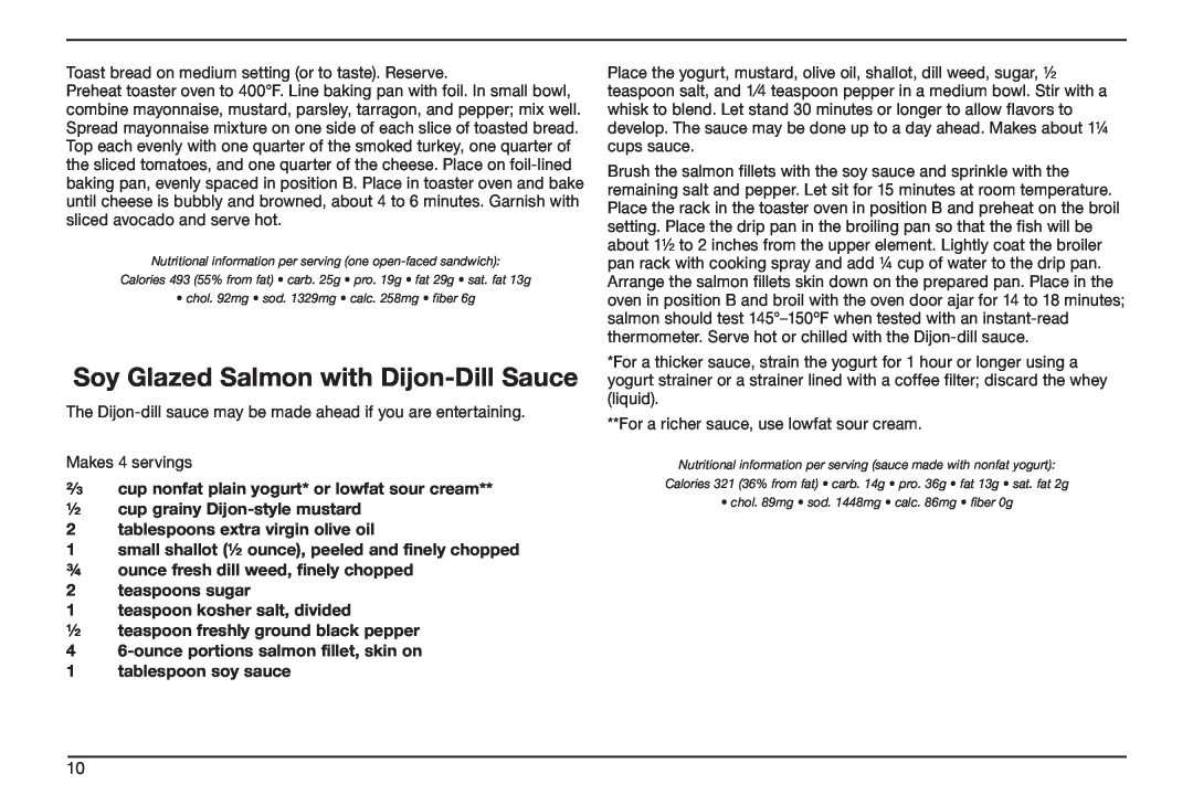 Cuisinart TOB-50BC manual Soy Glazed Salmon with Dijon-DillSauce, ²⁄3 cup nonfat plain yogurt* or lowfat sour cream 
