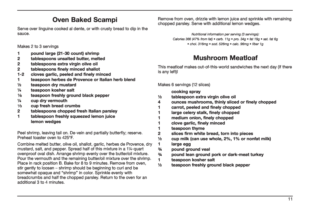 Cuisinart TOB-50BC manual Oven Baked Scampi, Mushroom Meatloaf, 1pound large 21-30count shrimp, ¼ teaspoon kosher salt 
