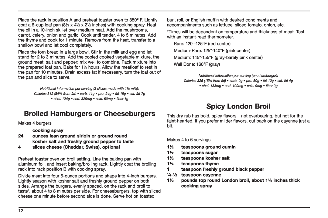 Cuisinart TOB-50BC manual Broiled Hamburgers or Cheeseburgers, Spicy London Broil, cooking spray 