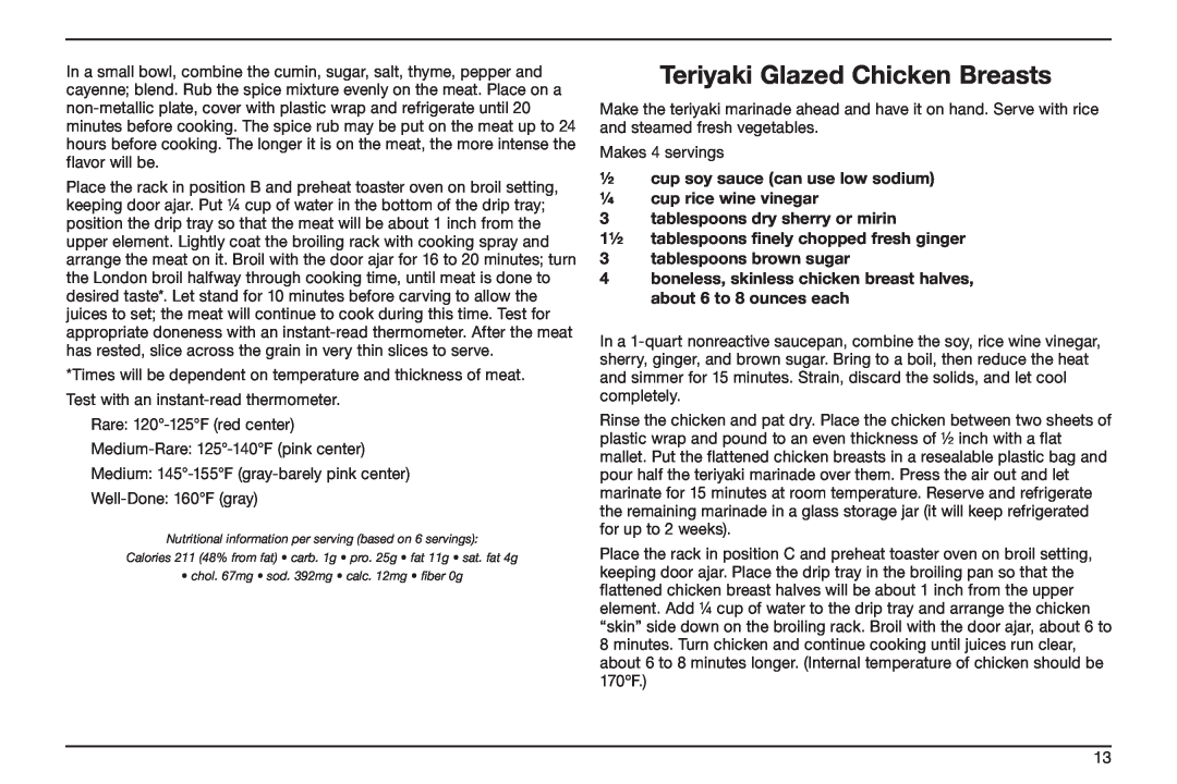 Cuisinart TOB-50BC manual Teriyaki Glazed Chicken Breasts, tablespoons dry sherry or mirin, tablespoons brown sugar 