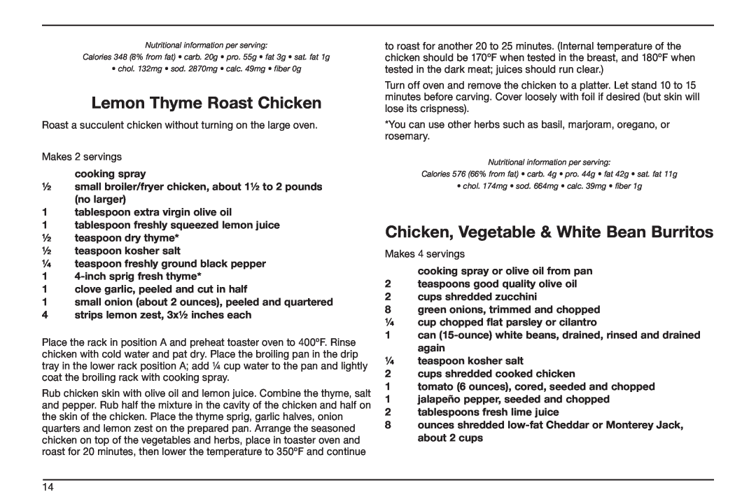 Cuisinart TOB-50BC manual Lemon Thyme Roast Chicken, Chicken, Vegetable & White Bean Burritos, cooking spray 