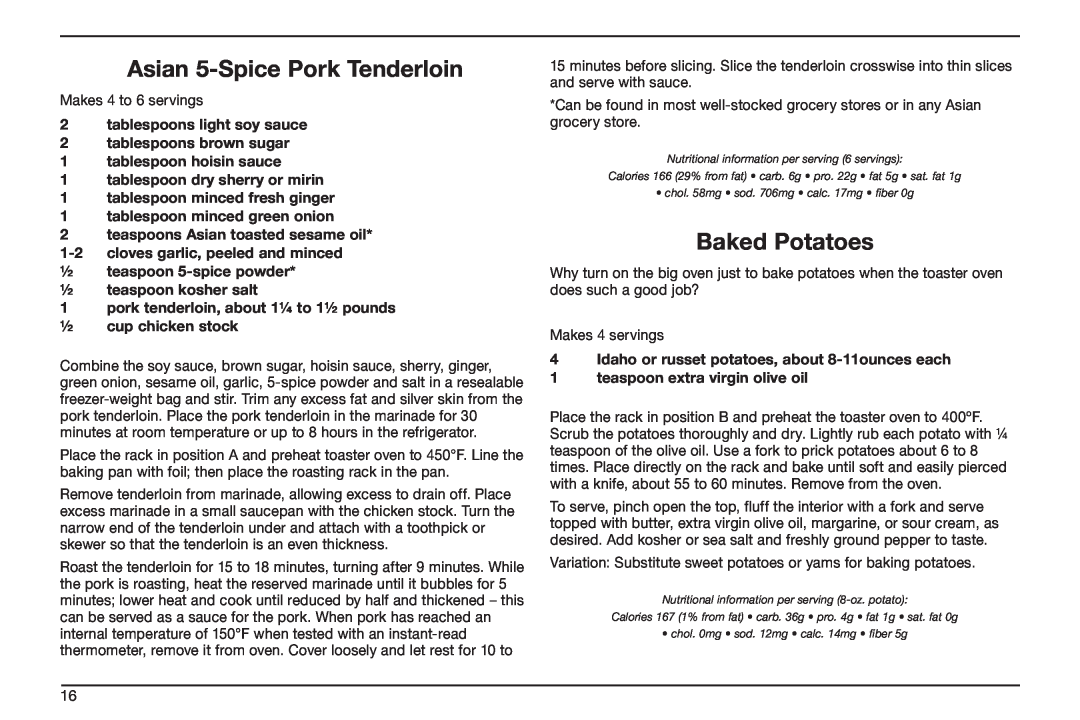 Cuisinart TOB-50BC manual Asian 5-SpicePork Tenderloin, Baked Potatoes, 2tablespoons light soy sauce 