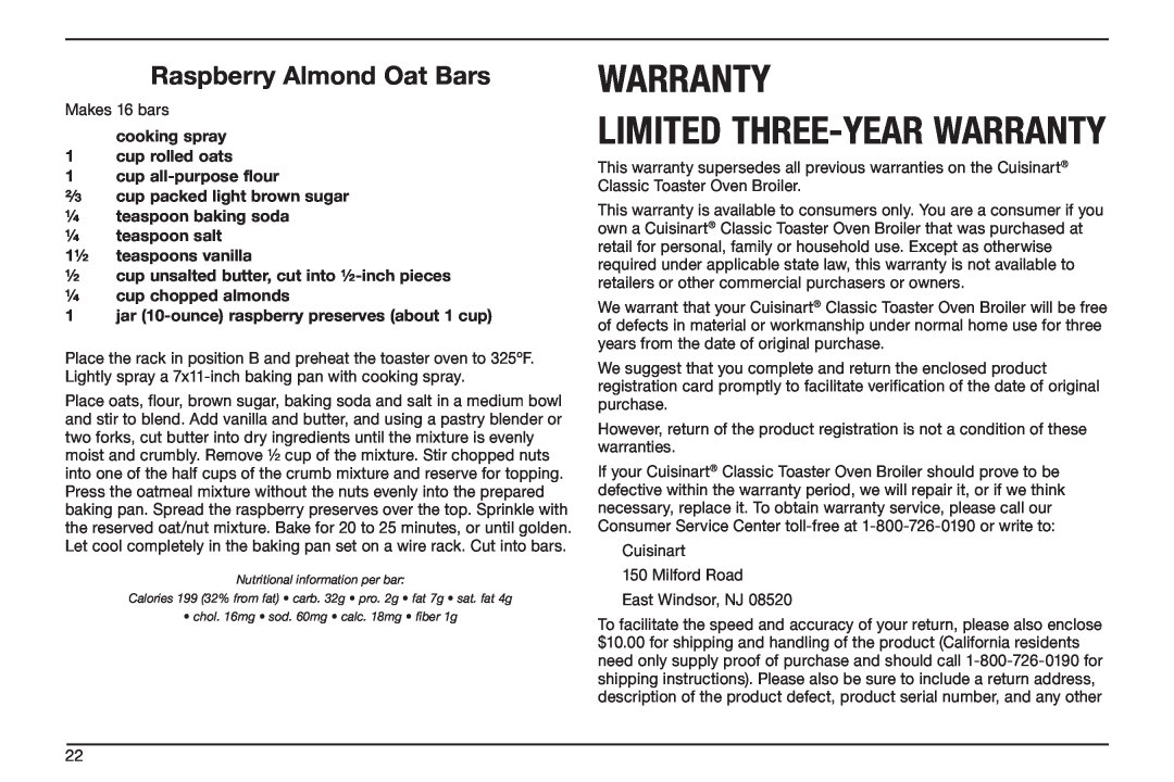 Cuisinart TOB-50BC manual Warranty, Raspberry Almond Oat Bars, Limited Three-Yearwarranty, cooking spray 1 cup rolled oats 