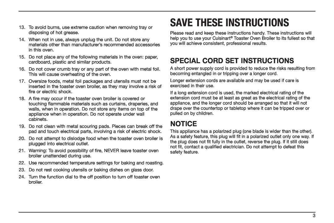 Cuisinart TOB-50BC manual Save These Instructions, Special Cord Set Instructions 